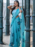 Thumbnail for Prime Volt Women's Sky Blue Floral Digital Print Soft Linen Saree With Blouse - Distacart