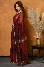 Thumbnail for Very Much Indian Handloom Pure Cotton Silk Saree With Sleek Golden Border - Maroon - Distacart