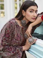 Thumbnail for Jyoti Fashion Women's Wine Velvet Digital Print with Resham Thread work Kurta with Trouser & Dupatta - Distacart