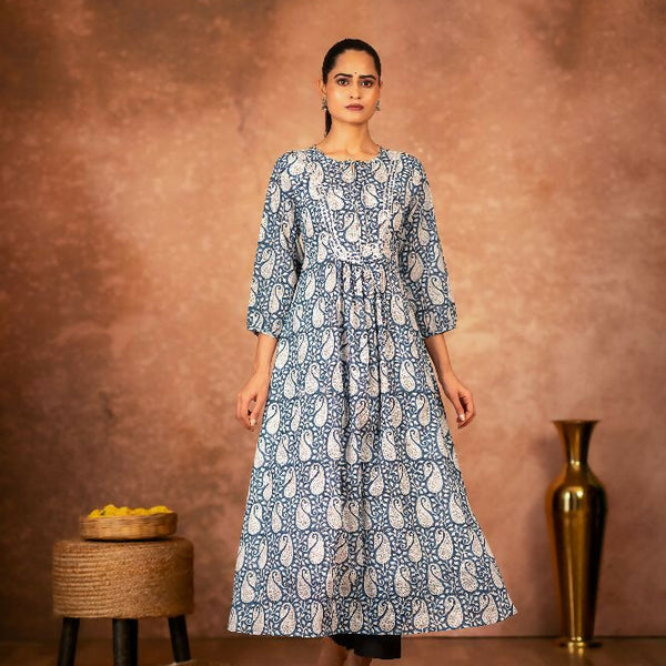 Joban Fashion Blue Floral Hand Block Printed Cotton Kurta Pant Set - Distacart