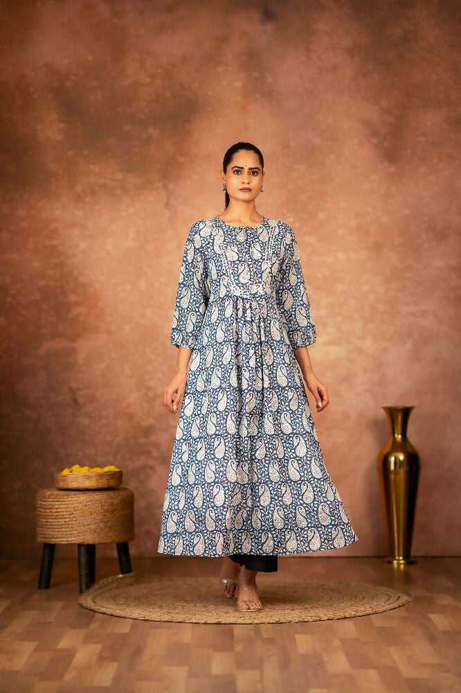 Joban Fashion Blue Floral Hand Block Printed Cotton Kurta Pant Set - Distacart