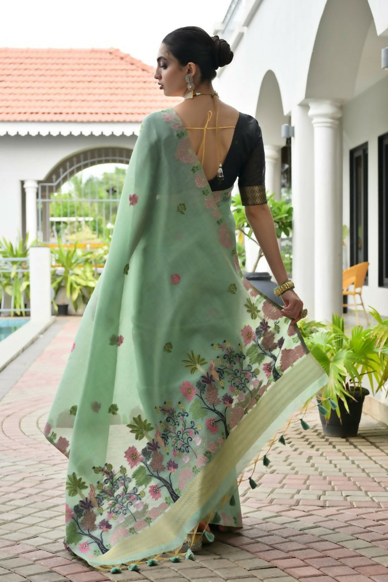 Vishnu Weaves Women's Sea-Green Muga Cotton Thread Weaving Saree with Blouse