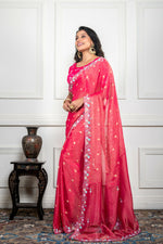 Thumbnail for Morchari Pink Pure Chiffon Hand Embroidery Saree And Stitched Blouse