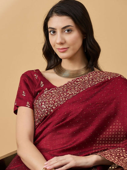 Maroon Silk Blend Embroidered Saree with Unstitched Blouse - Vairagi - Distacart
