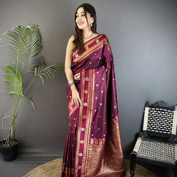 Joban Fashion Maroon Banarasi Soft Silk Woven Saree