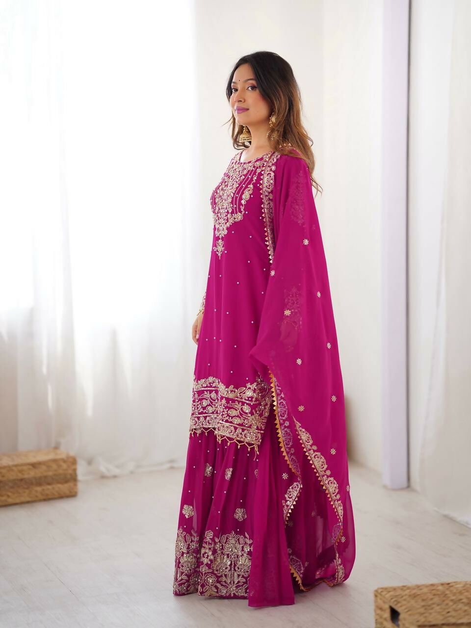 The52 Women's Beautiful Faux Georgette Fabric Embroidery Work Straight Kurt Sharara and Dupatta Set - Distacart