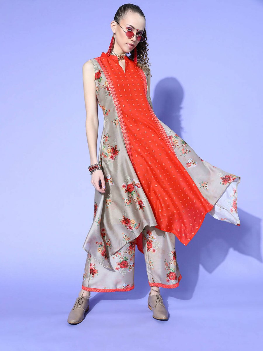 Ahalyaa Women Beige Colour Chanderi Digital Printed Kurta Palazzo Set - Distacart