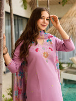 Thumbnail for The52 Lavender Women's Gorgeous Embroidered work Viscose Gadhwal Fabric Straight Kurta, Pant and Dupatta Set - Distacart