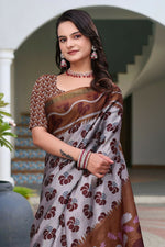 Thumbnail for Prime Volt Women's Brown Printed Mal Cotton Saree with Designer Blouse Piece - Distacart