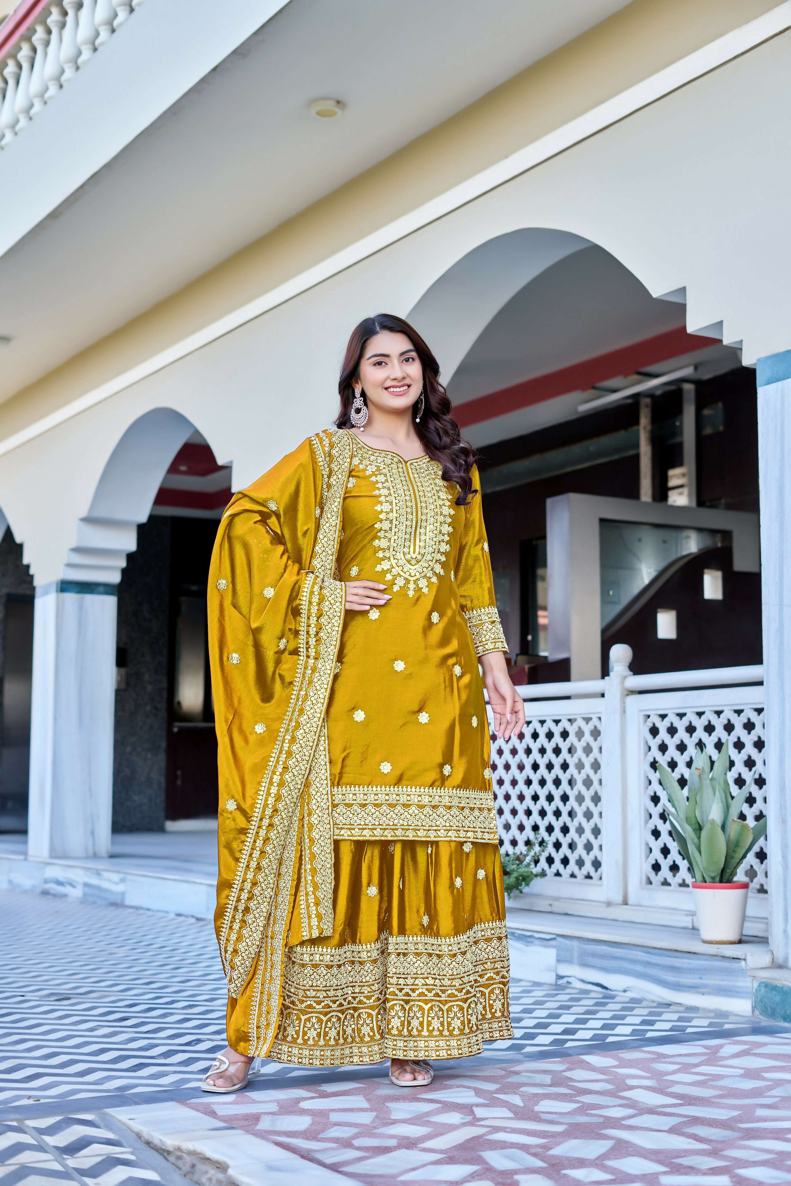 Teeya Creation Yellow Color Chinon Silk Heavy Embroidery Work Wedding Wear Sharara - Distacart
