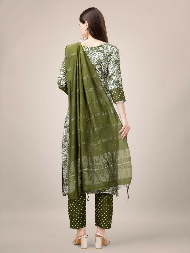 Jyoti Fashion Women's Mehendi Rayon Print with Embroidery & Fancy Lace Work Kurta with Trouser & Dupatta - Distacart