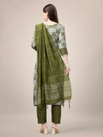 Thumbnail for Jyoti Fashion Women's Mehendi Rayon Print with Embroidery & Fancy Lace Work Kurta with Trouser & Dupatta - Distacart