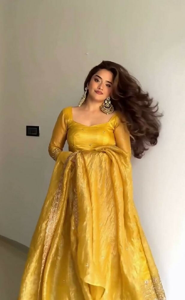 Teeya Creation Elegant Mustard Yellow Solid Silk Anarkali Suit with Dupatta - Dista