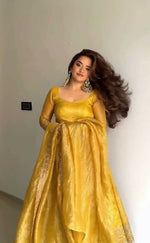Thumbnail for Teeya Creation Elegant Mustard Yellow Solid Silk Anarkali Suit with Dupatta - Dista