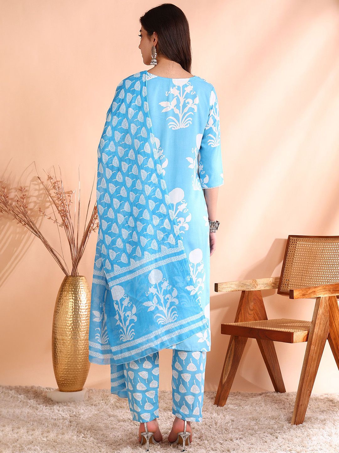 Ode by House of Pataudi Printed Thread Work Pure Cotton Kurta With Trousers & Dupatta - Distacart