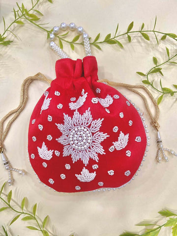 Joban Fashion Pearl Hand Work Potli Bag - Red - Dista