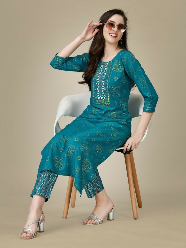 Jyoti Fashion Women's Rama Rayon Embroidered Kurta Pant Set - Distacart