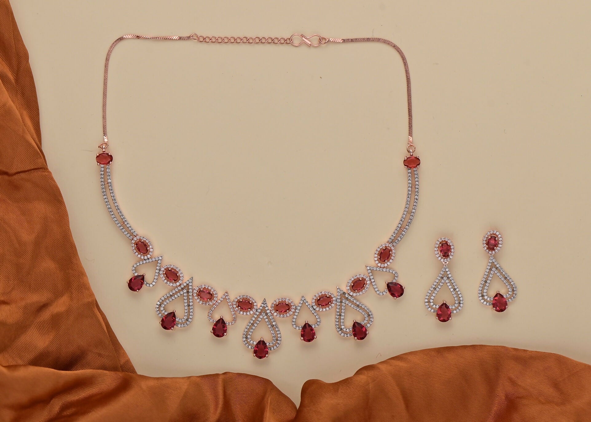 Joban Fashion Women Brass Golden White Ruby Ad Necklace Set