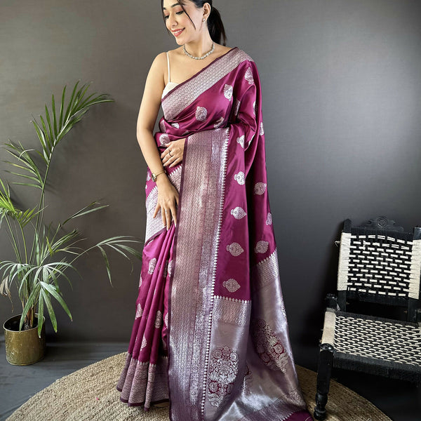 Joban Fashion Magenta Floral Motifs Soft Silk Banarasi Saree - Distacart