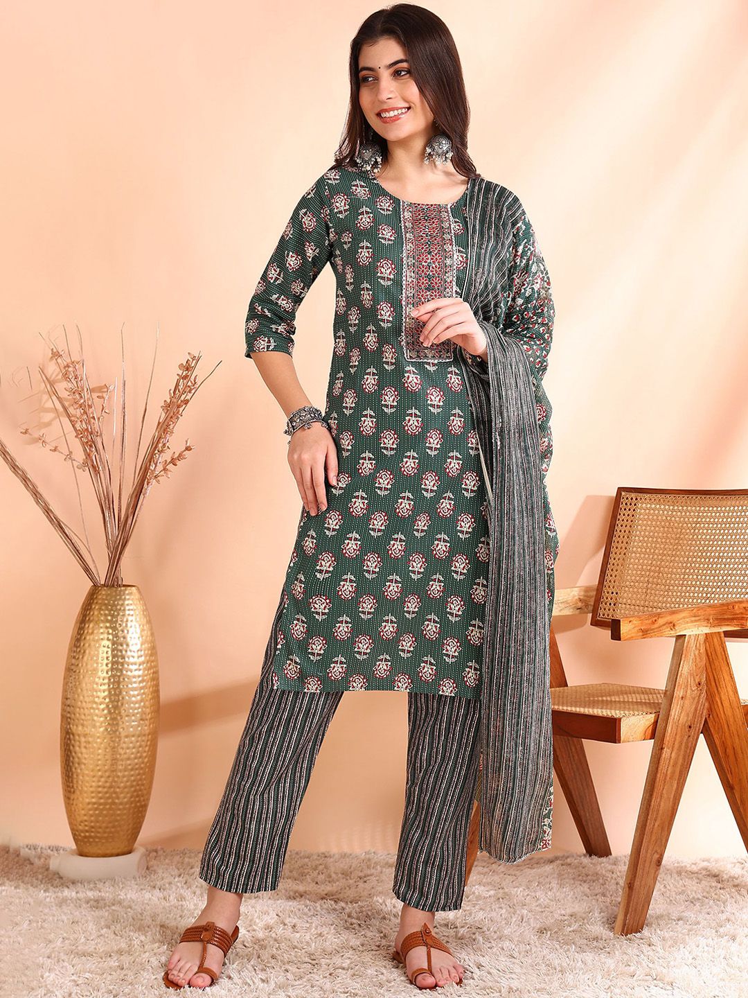 Ode by House of Pataudi Printed Mirror Work Pure Cotton Kurta With Trousers & Dupatta - Distacart