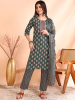 Thumbnail for Ode by House of Pataudi Printed Mirror Work Pure Cotton Kurta With Trousers & Dupatta - Distacart