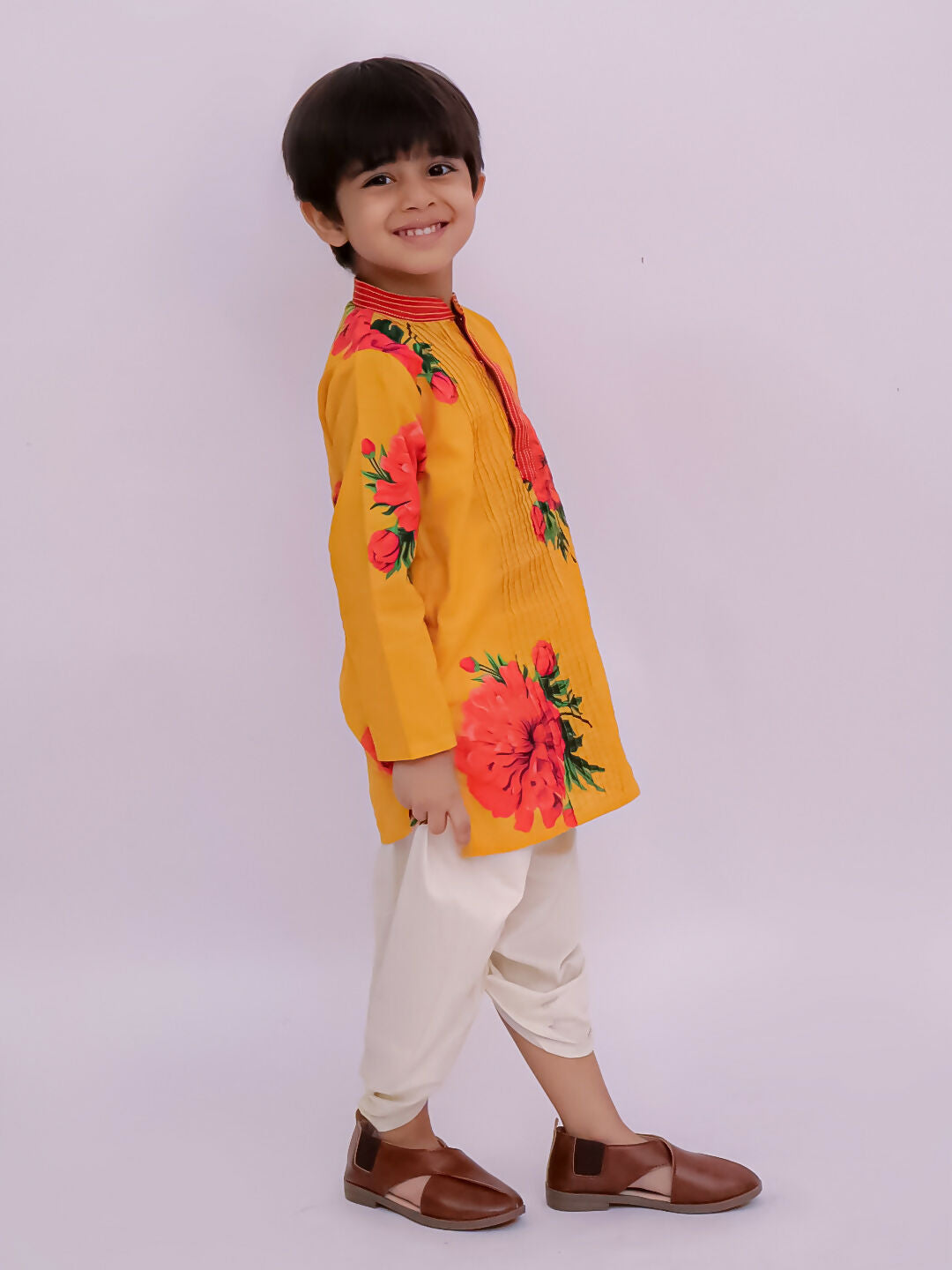 Lil Drama Genda Phool Mustard Kurta and White Dhoti Set for Boys