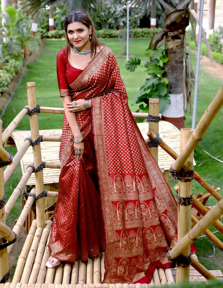Partywear Designer Red Banarasi Silk Fancy Saree - Starwalk - Distacart
