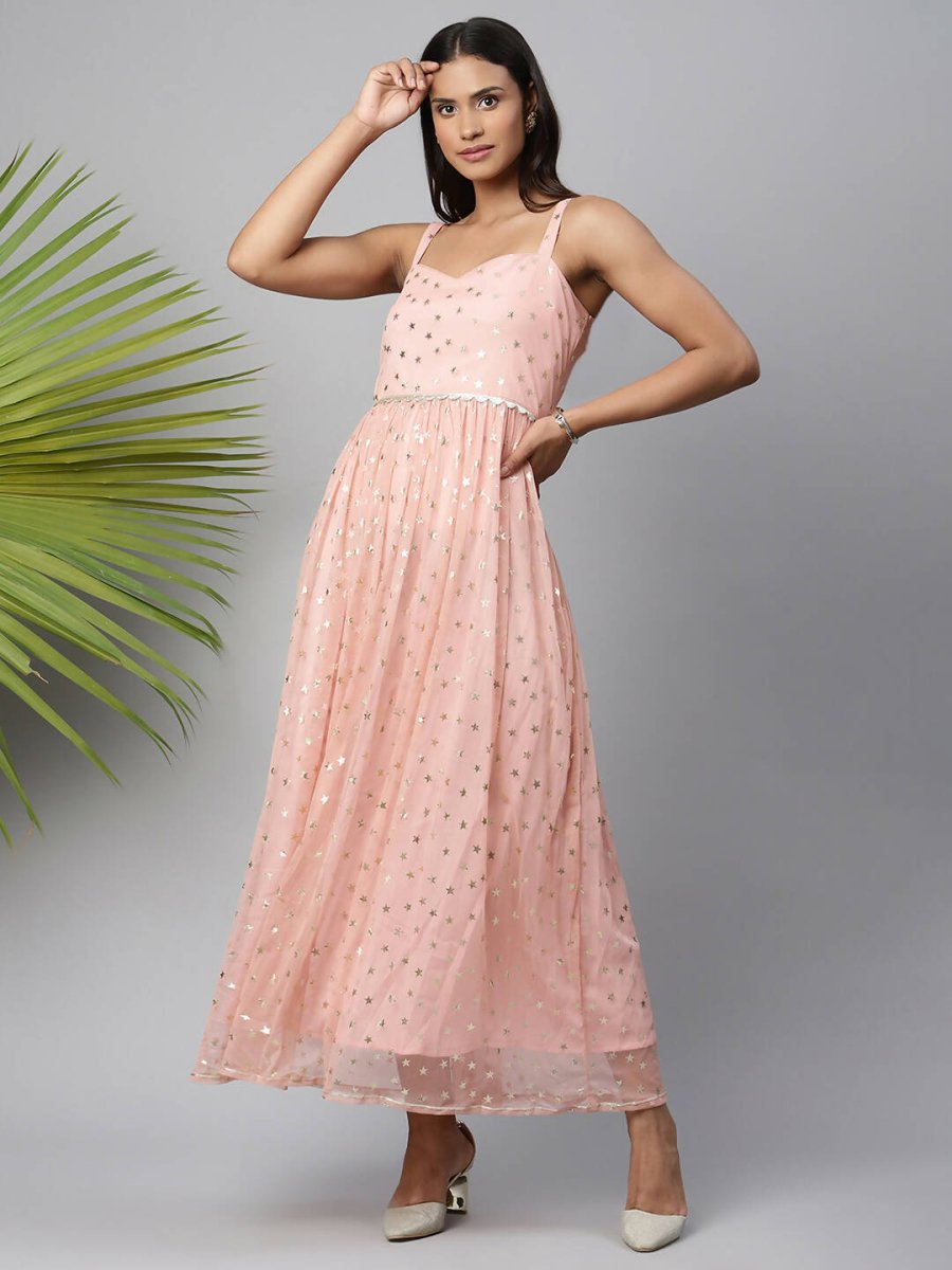 Ahalyaa Women Pink Net Gold Foil Print Dress - Distacart