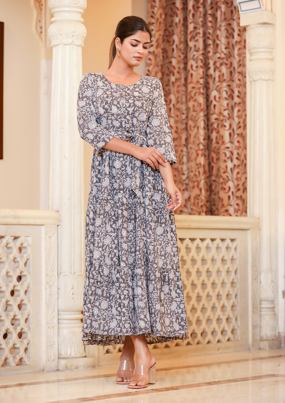 Kaajh Women's Grey Ethnic Floral Hand Block Print Cotton Dress - Distacart