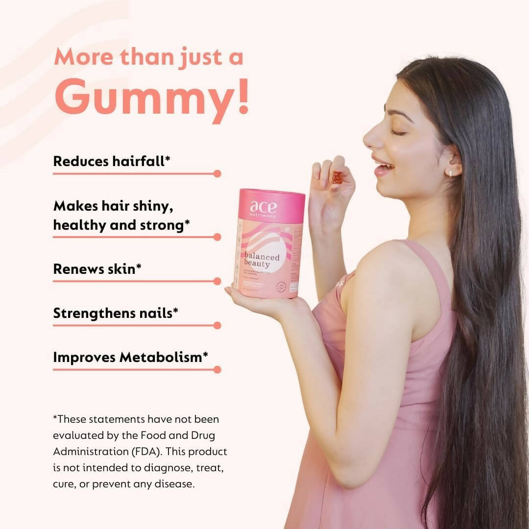 Ace Nutrimony Biotin Balanced Beauty Hair Gummies for Skin and Nails with Clinically Proven Keranat, Biotin - Strawberry - Distacart