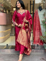 Thumbnail for The52 Maroon Beautiful Embroidered Viscose Chanderi Fabric Straight Kurta Pant with Dupatta Set - Distacart
