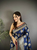 Thumbnail for Joban Fashion Navy Blue Ethnic Floral Motifs Soft Lichi Silk Banarasi Saree - Distacart