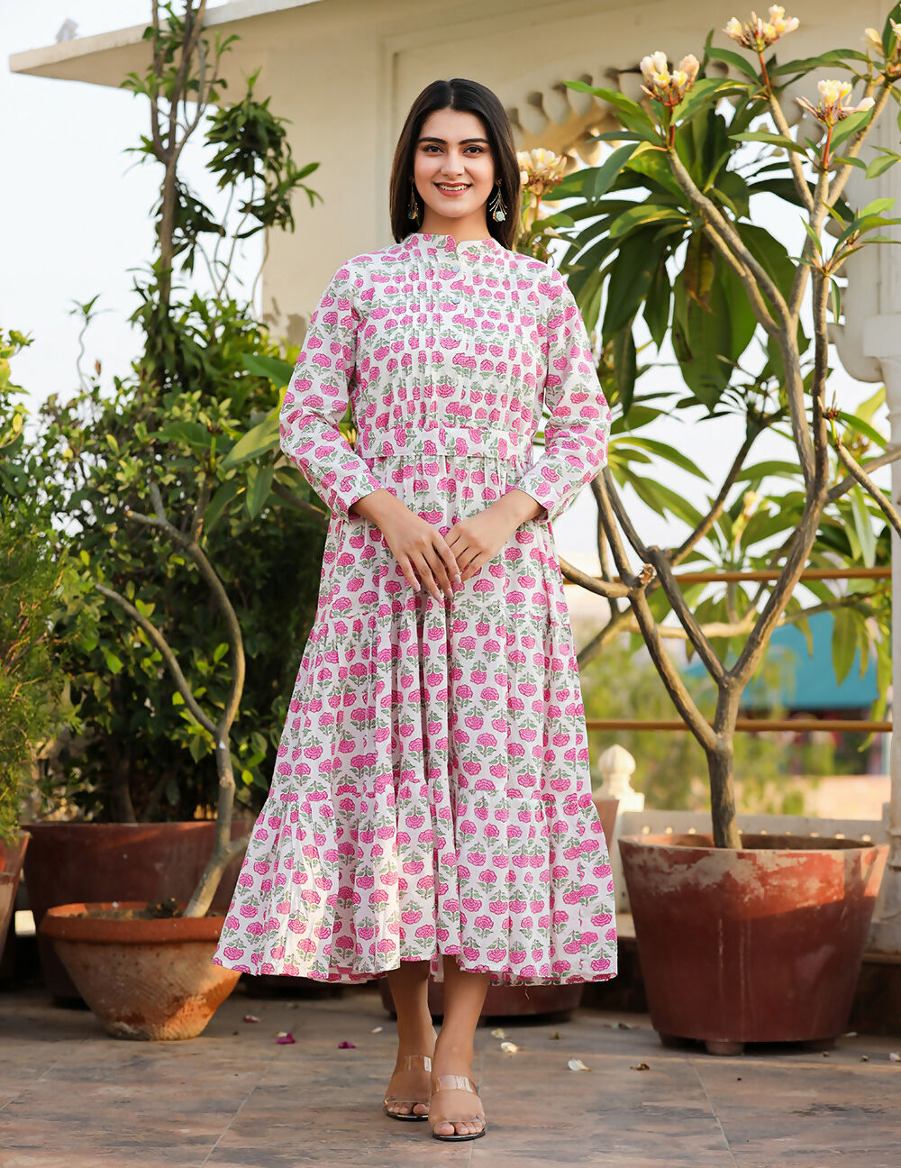 Kaajh Women's Pink Floral Print Cotton Handblock Dress - Distacart