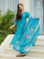 Thumbnail for The52 Blue Women's Gorgeous Viscose Fabric Embroidered Work Straight Kurta, Pant and Dupatta Set - Distacart