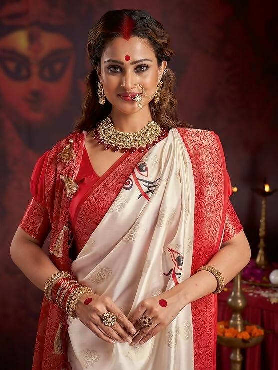 Joban Fashion Satin Silk Off White Floral Printed Saree