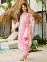 Thumbnail for The52 Pink Women's Beautiful Printed Silk Blend Fabric with Straight Kurta, Pant and Dupatta Set - Distacart
