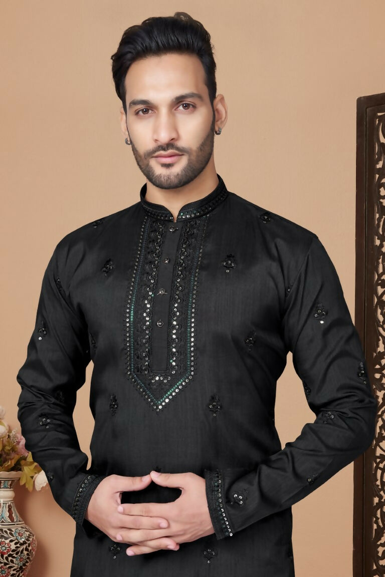 Functional Designer Men's Black Heavy Super Silk Kurta With Pant - Rudra - Distacart