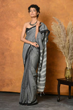 Thumbnail for Very Much Indian Handloom Pure Cotton Saree With Sleek Border - Grey - Distacart