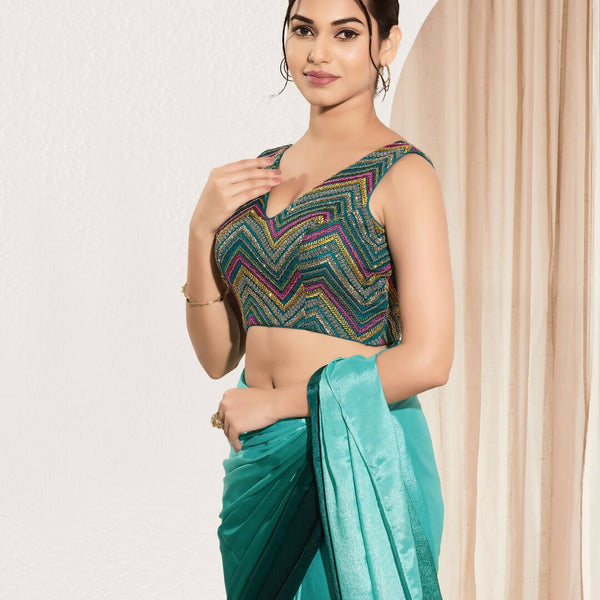 Joban Fashion Cobalt Blue Net Padded Blouse With V Neck Sleeveless - Distacart