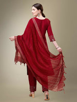 Thumbnail for Jyoti Fashion Women's Maroon Cotton Blend Embroidery & Fancy Lace work Kurta with Trouser & Dupatta - Distacart