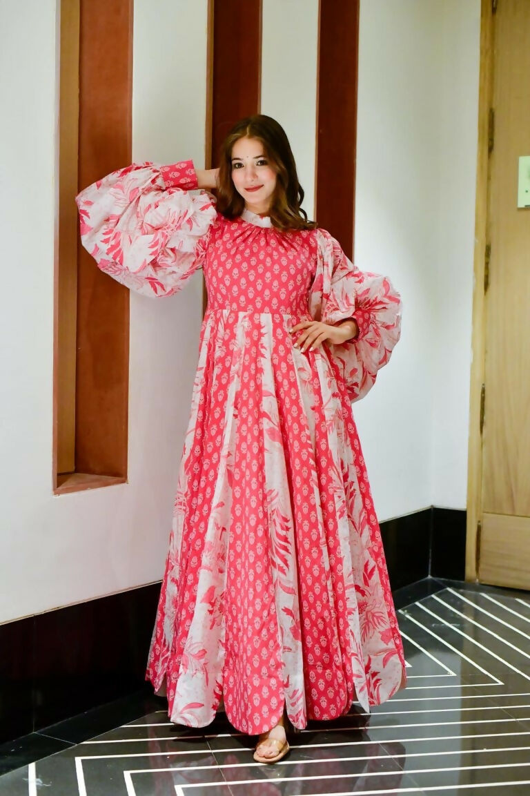 Jyoti Fashion Women's Pink Heavy Digital Printed Cotton Silk Anarkali Dress - Distacart