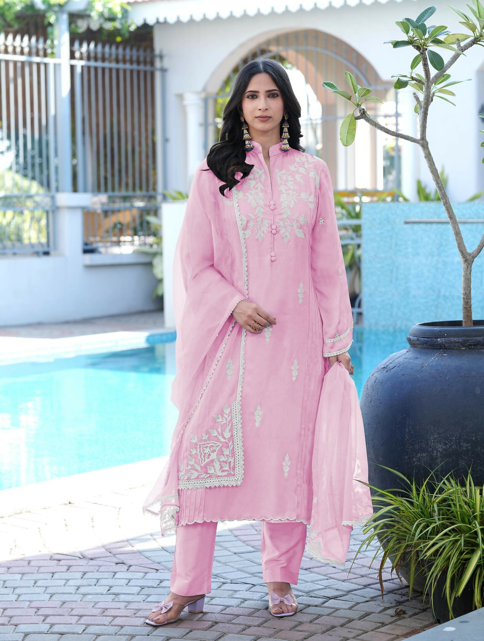 Nikhaar Light Pink Embroidered Modal Silk Stitched Straight Cut Kurta Pants Dupatta Readymade Suit - Dista