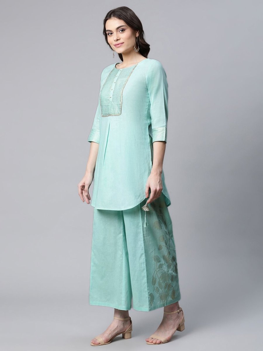 Ahalyaa Women Teal Pure Cotton Gold Foil Printed Pakistani Style Kurta Palazzo Set - Distacart