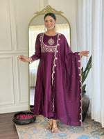 Thumbnail for The52 Purple Women's Gorgeous Embroidered Vichitra Silk Fabric Flared Kurta Pant with Dupatta Set - Distacart