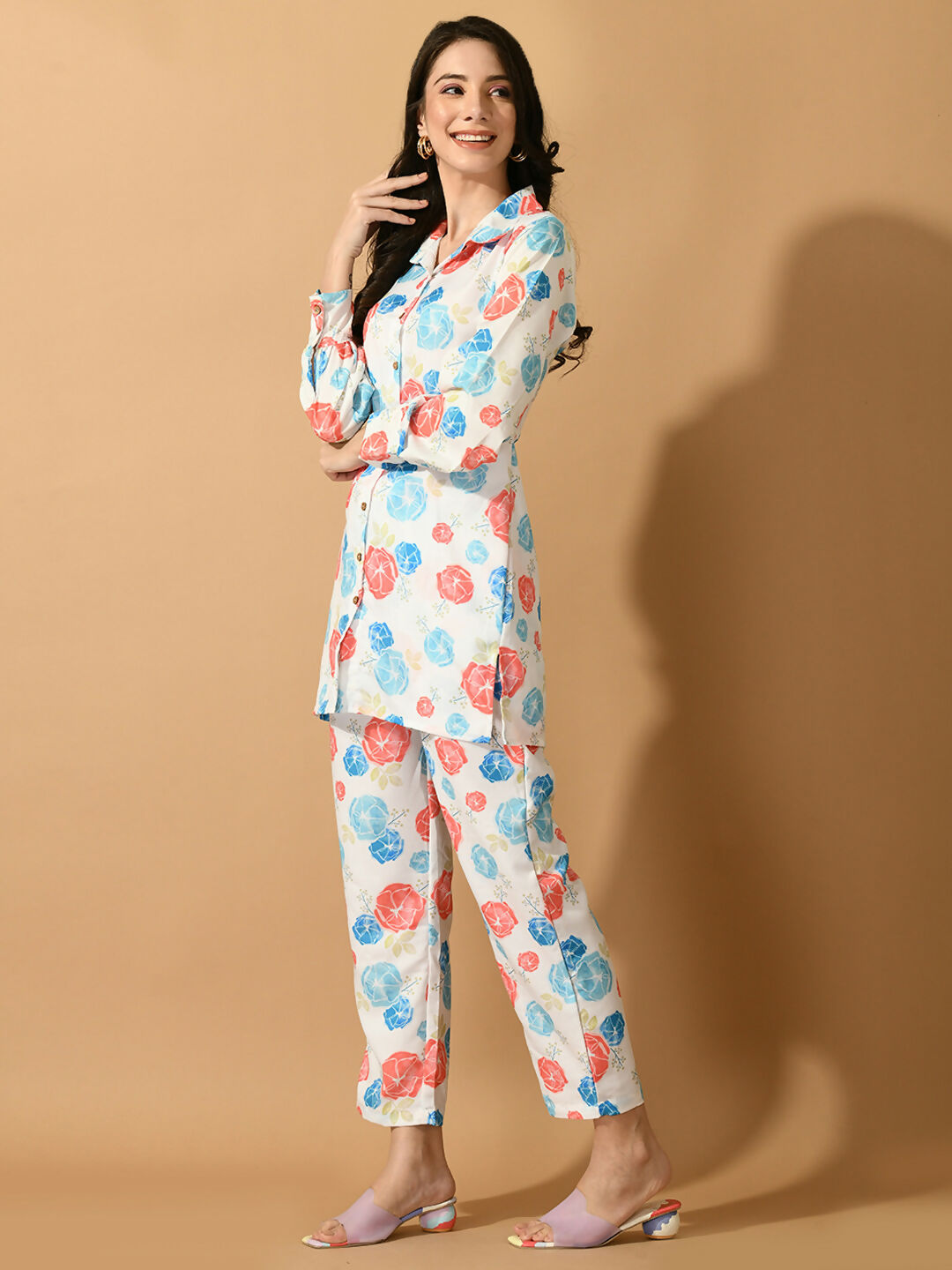 Myshka Women's White Printed Shirt With Trousers - Distacart