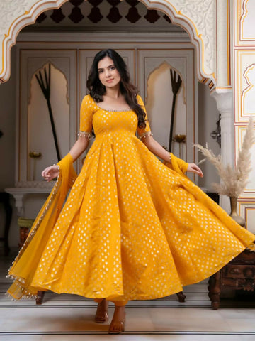 Teeya Creation Mustard Yellow Anarkali Gown With Foil Print Work - Festive Ethnic Wear Set - Dista