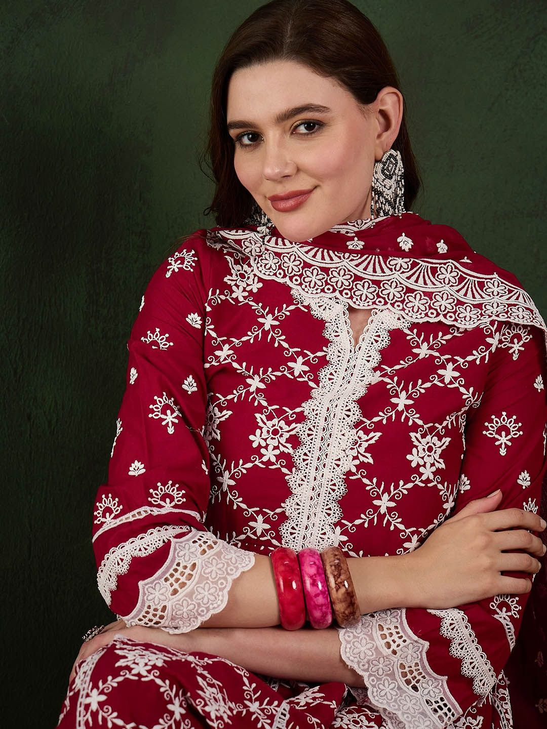 Sangria Embroidered Pure Cotton Kurta & Trouser With Dupatta - Distacart