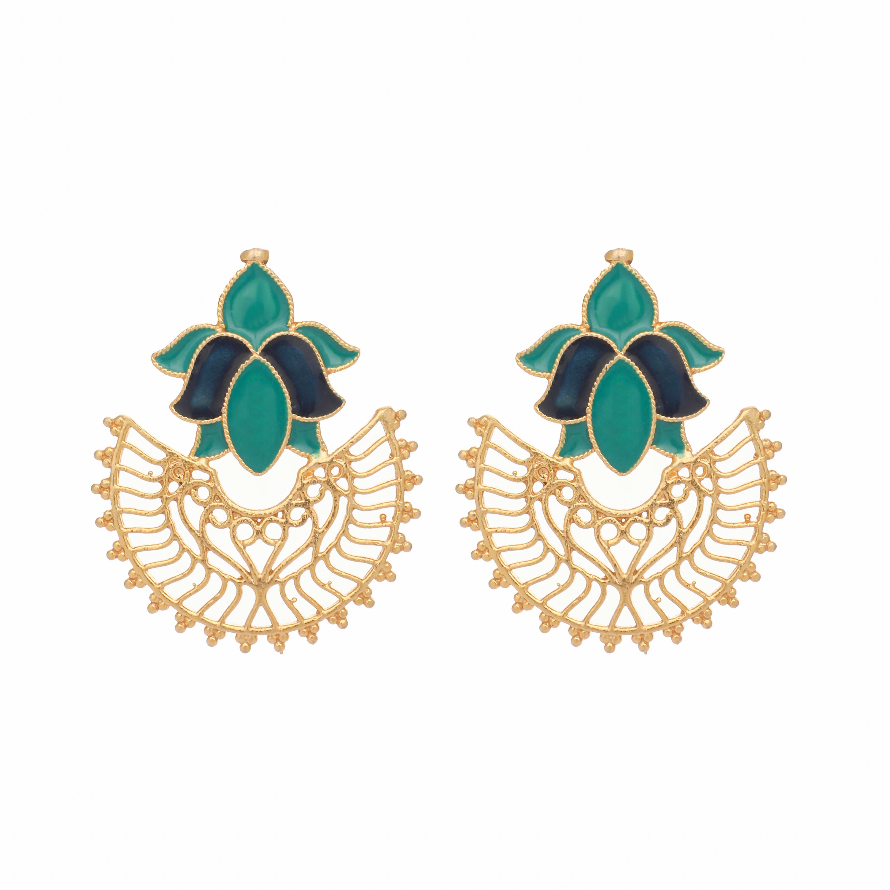 Nuyug 22K Gold Plated Turquoise Enamel Studded Indo-Western Floral Jali Statement Stud Earrings