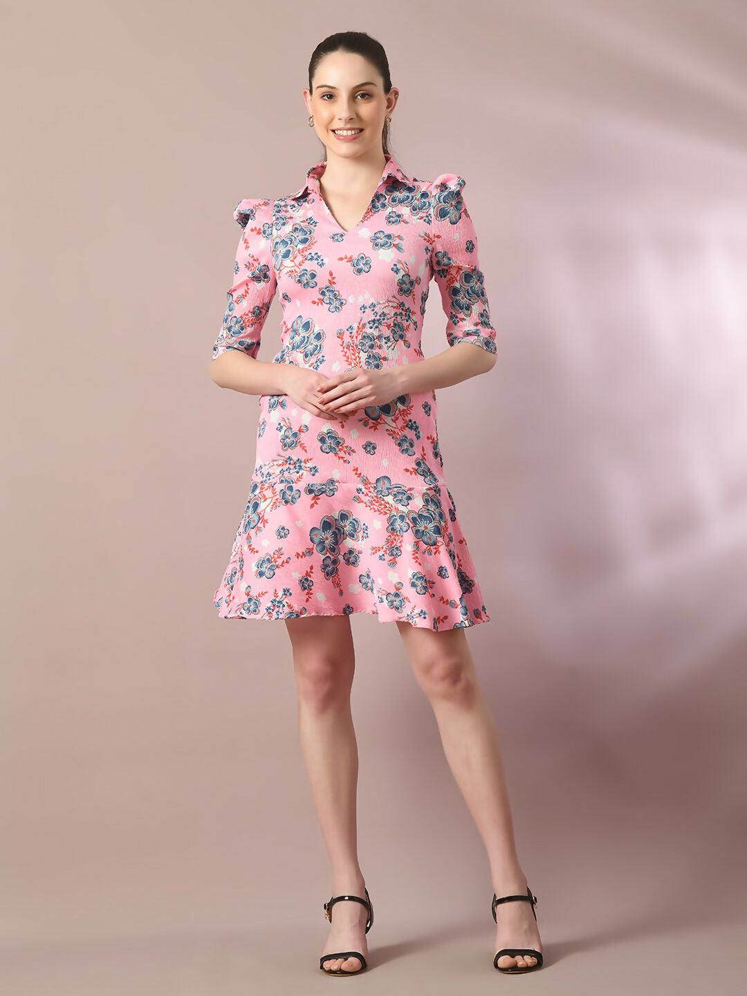 Myshka Women's Pink Printed Shirt Collar Fit and Flare Party Dress - Distacart