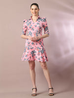 Thumbnail for Myshka Women's Pink Printed Shirt Collar Fit and Flare Party Dress - Distacart